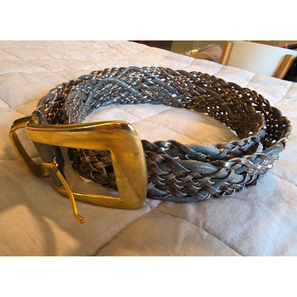 Vintage Women's Belt Metallic Braided Fabric Gold Tone Buckle 48 inches